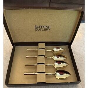 Supreme Cutlery 4 Gold Electroplated Grapefruit Fruit Spoons Bamboo, Boxed Set